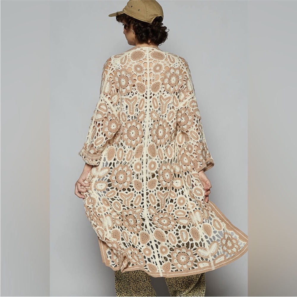 POL Beige and Tan Crochet Duster NWOT